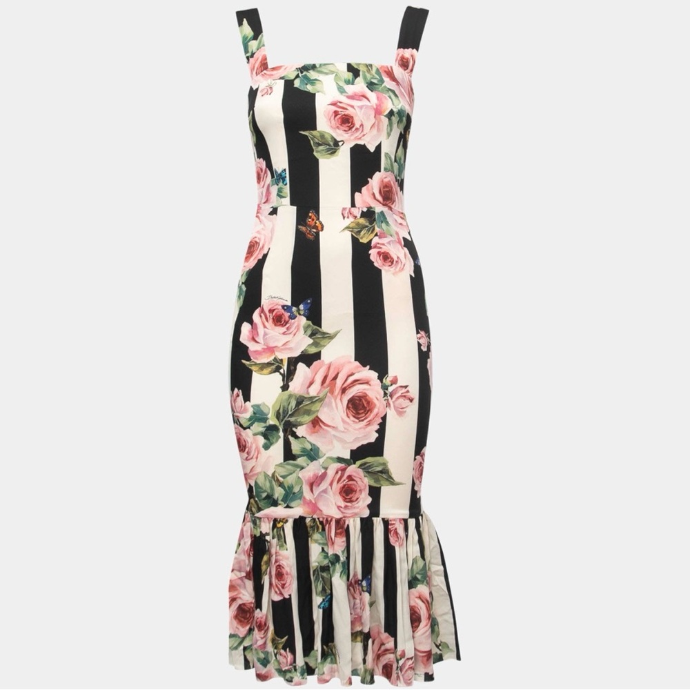 MOVING SALE Square-Neck Floral Stripe Midi Dress with Ruffle Hem - Pink & Black